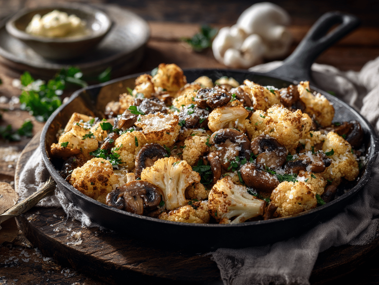 Easy 15-Minute Garlic Mushrooms Cauliflower Skillet Recipe preparation steps